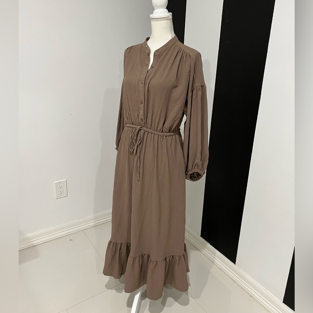 Max Studio Brown Tiered Ruffled Sundress with Bishop Sleeves